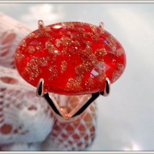 Natural Gold Flake Red  Stone Ring Rose Gold Size9